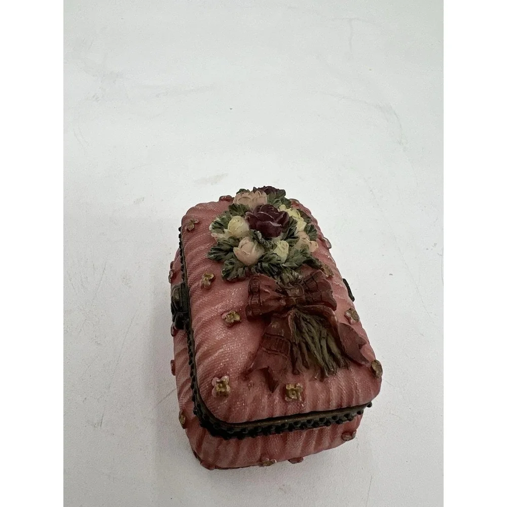 Pink Floral Decorative Trinket Box with Hinged Lid Collectible